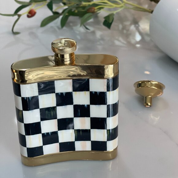 MacKenzie-Childs Courtly Check Flask 3260 – Gold Trim – NIB - Picture 1 of 15